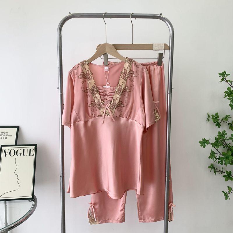 Special Pajama Summer Short Sleeve Trousers Lace Embroidery Nipple Coverage Silk Homewear Two-piece Set Suitable for Daily Wear Suit
