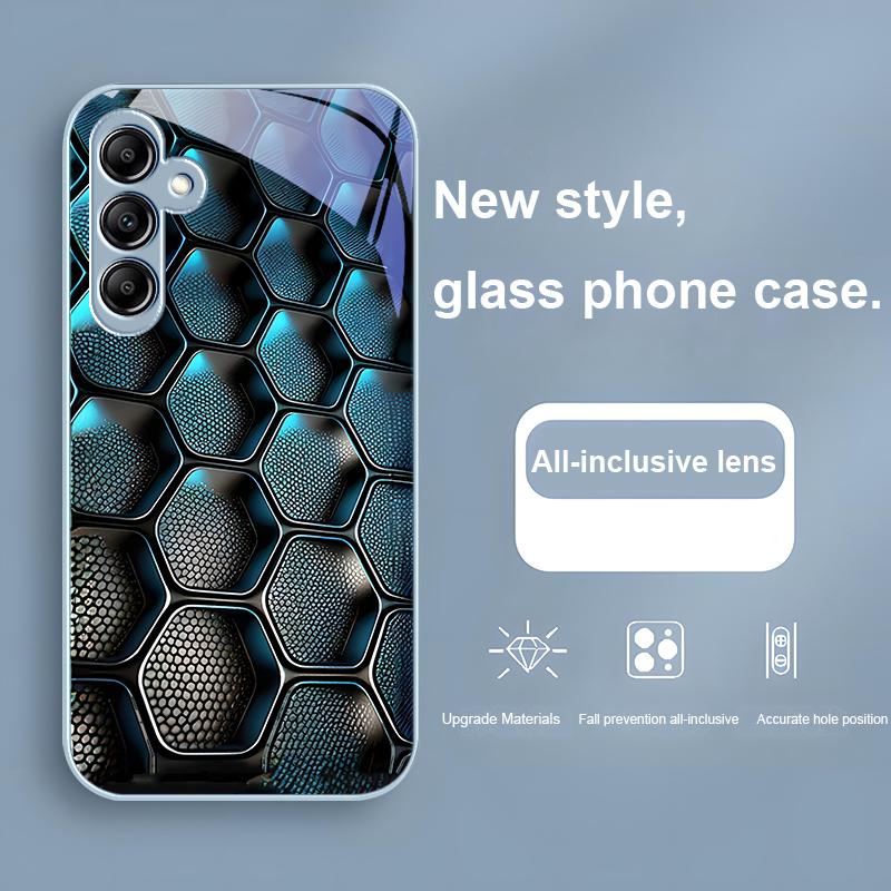 Blue Gradient Grid For Samsung Galaxy A01 02 03 Core A04 A14 4G A13 54 34 31 20 25 23 22 5G S21 Ultra S20 Glass Phone Case