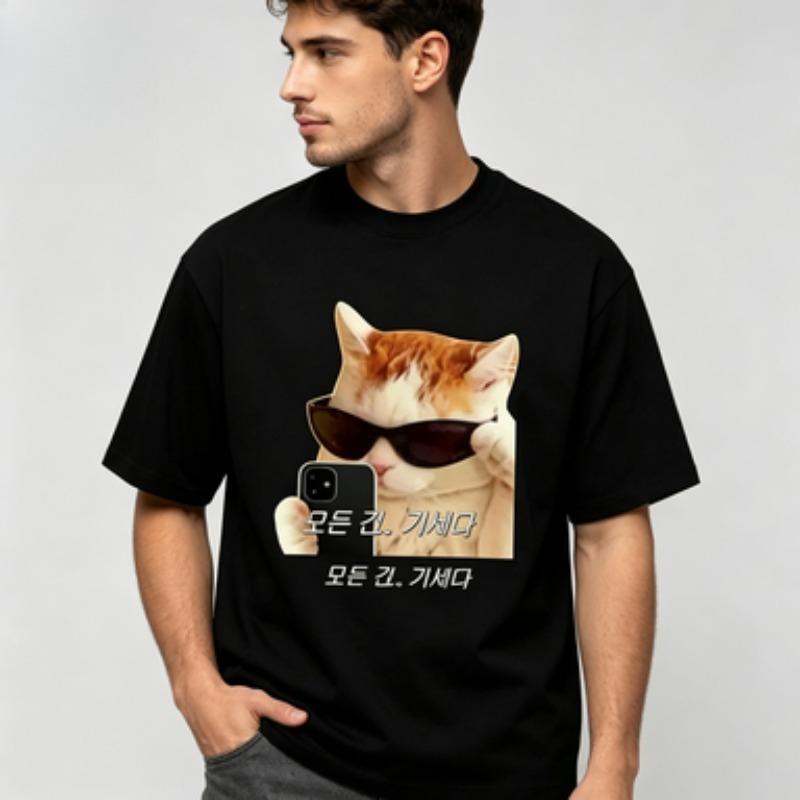 Summer Unisex Cotton Tee Funny Sunglasses Cat Graphic Round Neck Loose Harajuku Daily Casual Unisexs T Shirt