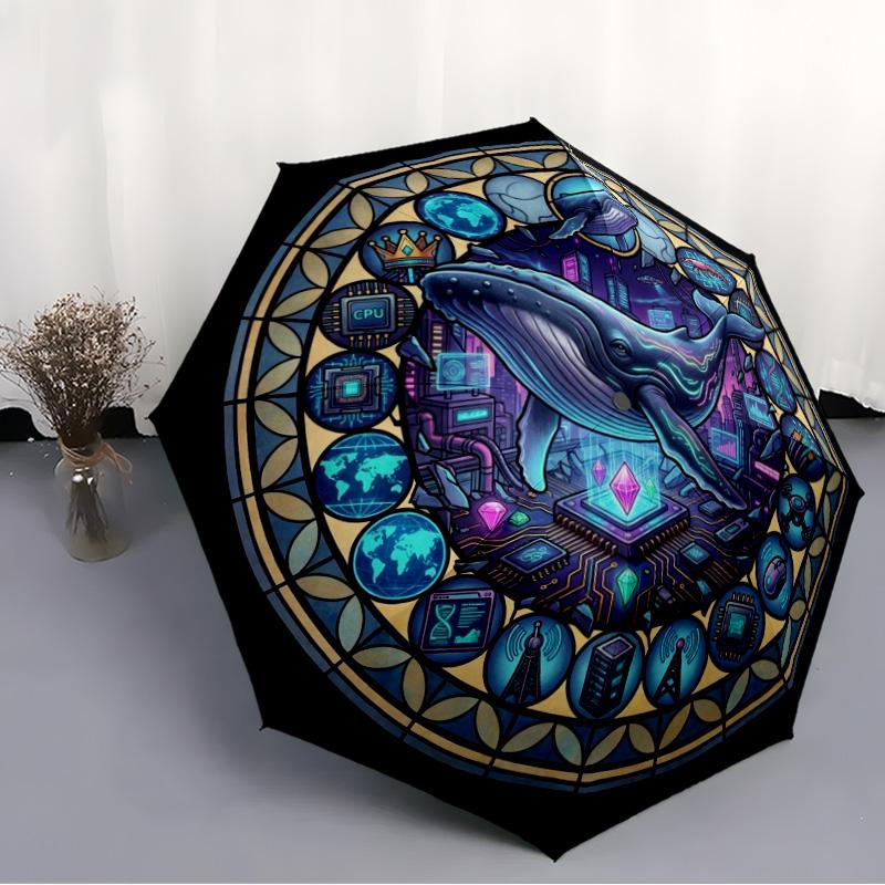 Whale Tech Glass Pattern Umbrella, Portable and Foldable Design, 8 Ribs, a Casual Accessory for Halloween, Christmas, and Birthday Gifts.