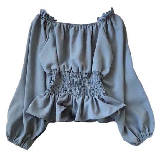 

С открытыми плечами, эластичная талия, рюшами, подол, однотонная повседневная блузка с фонарем XL синий