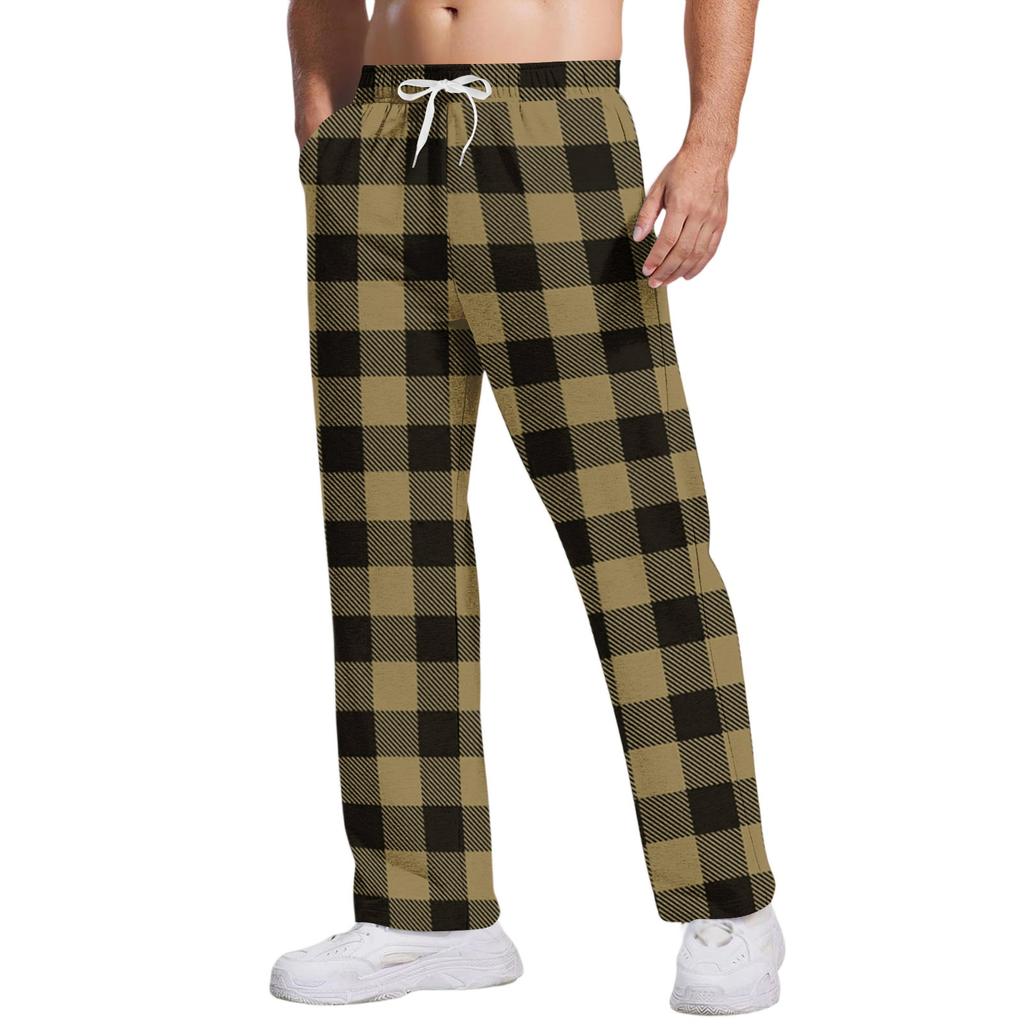 Men's Casual Pants With Pockets | Stripe Checkered Printed, Loose Straight Leg, Elastic Waist With Drawstring For Daily & Casual Wear