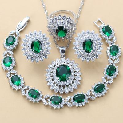 Fijne Zonnebloem Grote Sieradensets Groene Zirconia Bruids Clipoorbellen Ketting Armband En Ring Voor Vrouwen / Meisje Cadeau
