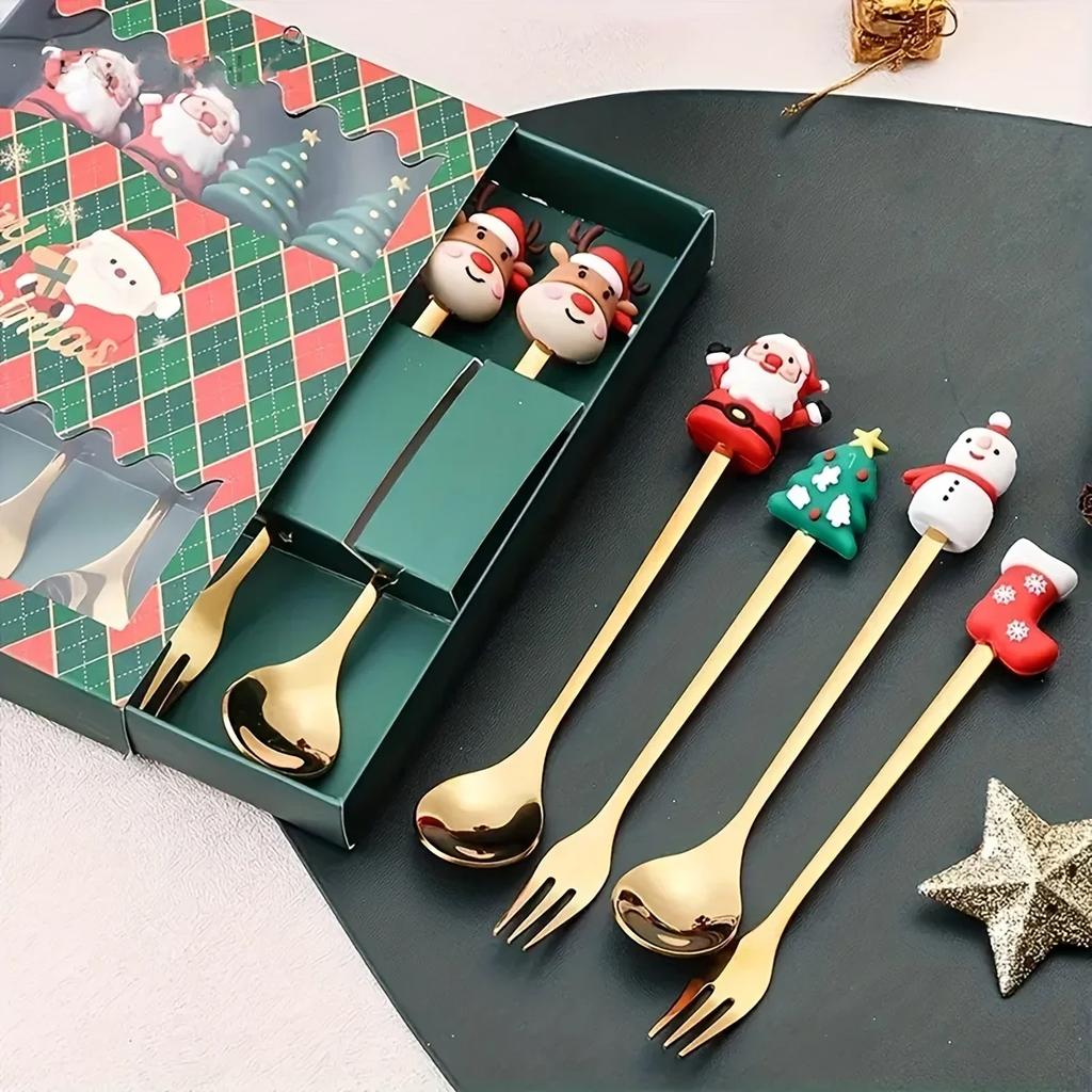 4 Stücke Frohe Weihnachten Tischdekoration Dessert Scoop Obst Gabel Löffel Set Edelstahl Kaffeelöffel Weihnachtsgeschenk Feliz Navidad