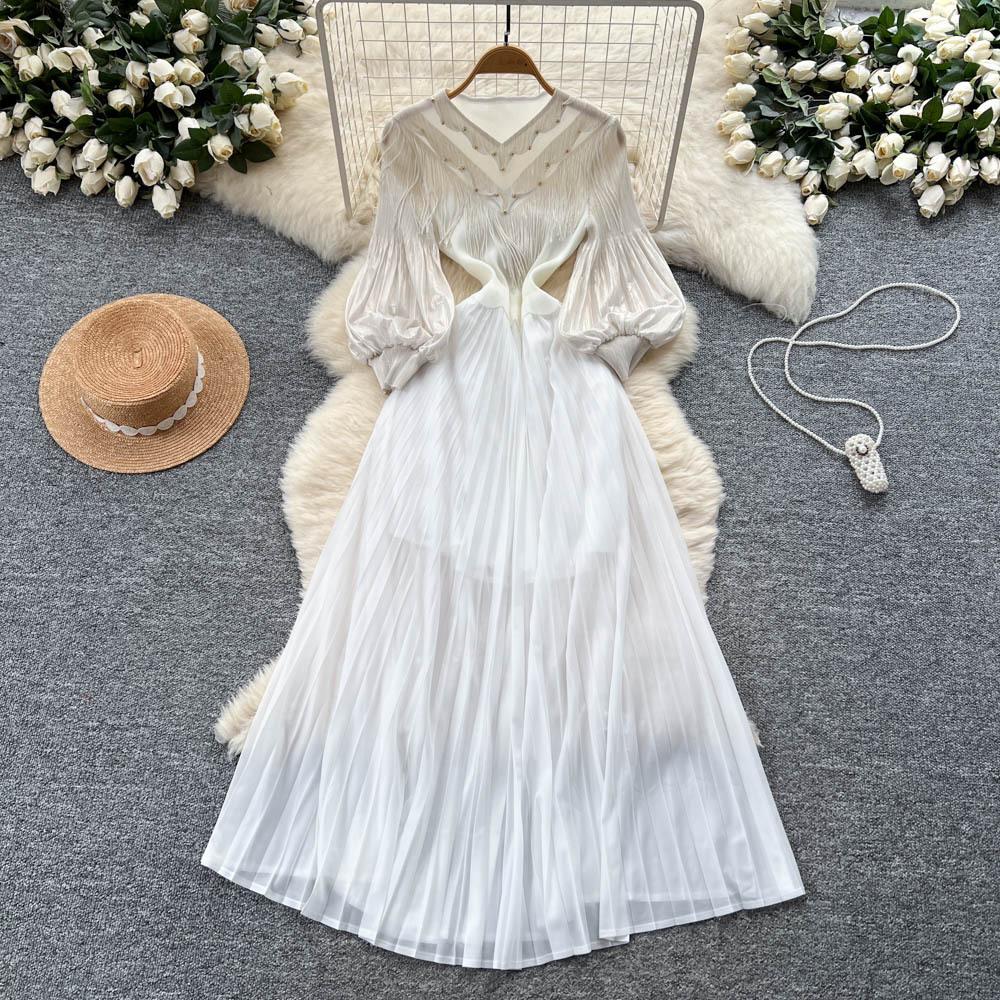 Celebrity Court Style Bubble Sleeve Dress Women's Autumn Fringed Design Sense Light Familiar Imperial Sister Temperament Big Pendulum Long Skirt