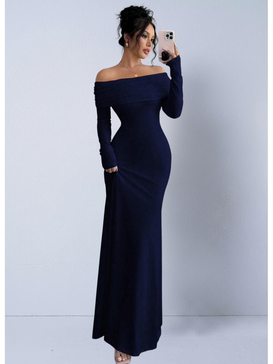 

European & American Spring Satin Silk Off-Shoulder Stretch Dress M темно-синий