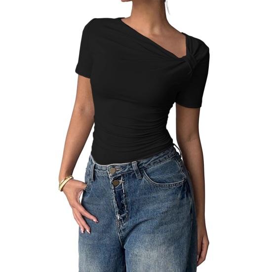 Chemise Femme Manches Courtes Col Biais Style Commuting Hauts Décontractés Coupe Ajustée Couleur Unie T-shirt d'Été