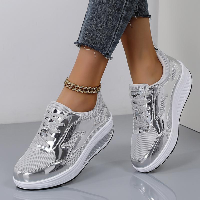 Fashion Spring Gold Mesh Casual Shoes Breathable Lace-up Wedge Platform Sneakers Women Shoes Comfortable Sports Silver Tennis Shoes