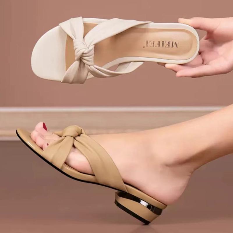 Fashion Plus Size Women's Slippers Summer Cross Tie Bow Slip-in Low-heeled Sandals Elegant High Quality Soft and Comfortable Slippers