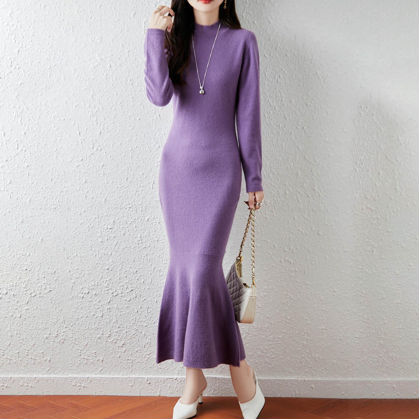 

Hepburn Style 100% Wool Slim Fit Over-the-Knee Fishtail Knit Dress XXL--Fits 135-150 lbs темно-фіолетовий колір