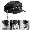 2000s Women Beret Hat Punk Rivet Decors Flat Top Cap Breathable PU Leather Octagonal Hat for Casual and Cosplay Wear