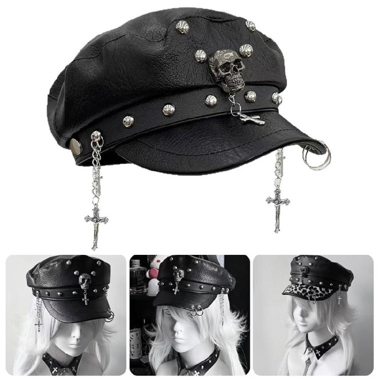 2000s Women Beret Hat Punk Rivet Decors Flat Top Cap Breathable PU Leather Octagonal Hat for Casual and Cosplay Wear