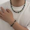 New Exquisite Luxury Inlay Colorful Acrylic Rhinestone Choker Necklace Bangles Men Retro Adjustable Black Metal Jewelry Set