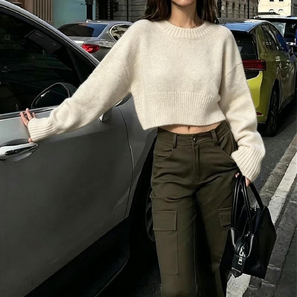 Women's Fashion Solid Crew Neck Pullover Knit Sweater, Casual Versatile Custom Knit Top for Autumn Winter
