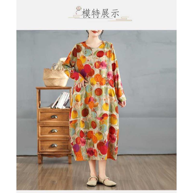 2025 New Vintage Printed Round Neck Loose Large Size Long Dresses