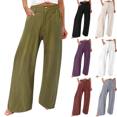 Sommer Baumwolle Leinen Breite Bein Hosen Frauen Lose Palazzo Hose Tasche Elastische Taille Taste Casual Hosen