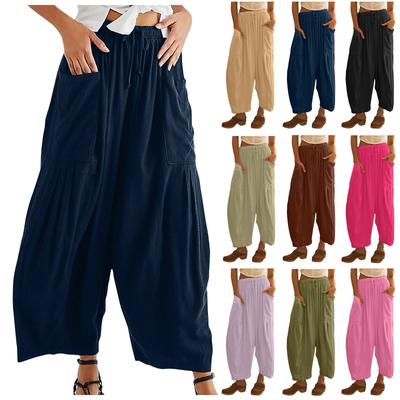 Damen Plus Size Leinenhose mit weitem Bein, mittlere Taille, Sommer-Baggy-Hose