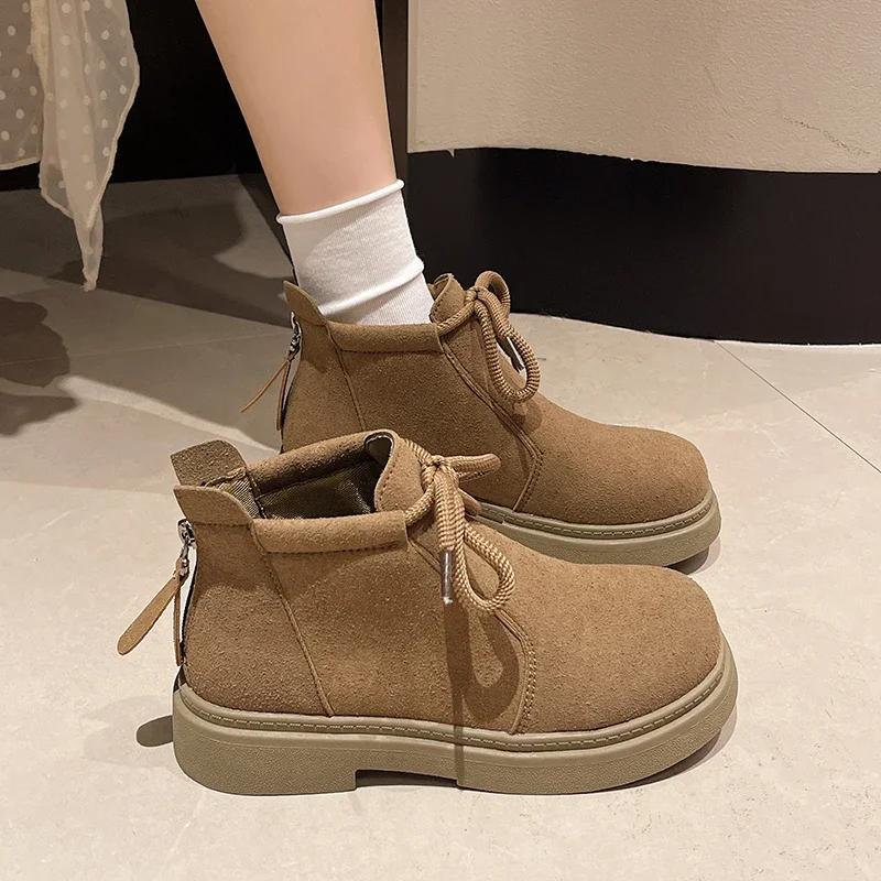 Fashion New Solid Color Women's Boots Lace-up Autumn Winter 2024 Hot Sale Fashion Back Zipper Wear Resistant Outdoors Shoes for Women
