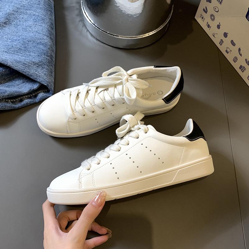 Classic Style Soft Round Toe Color-Blocking Breathable Lace Up Casual White Shoes
