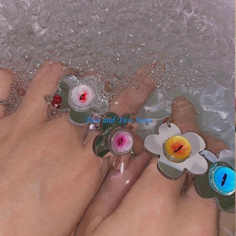 HX6F Glass Eye Stone Blossoms Rings Adjustable Flower Open Rings Dainty Accessory CN