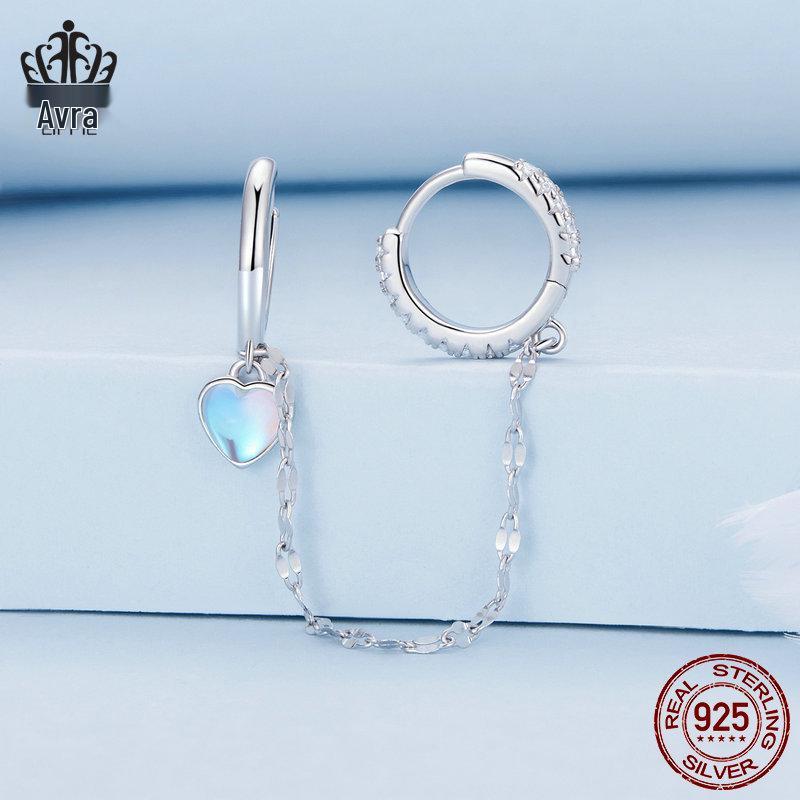 Avle Sterling Silver S925 Heart-Shaped Moonstone Chain Double Ear Cuff Earrings BSE809