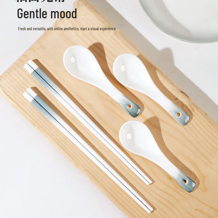 Simple Ceramic Long-handled Soup Spoon and Chopsticks Set for Home and Restaurant Use