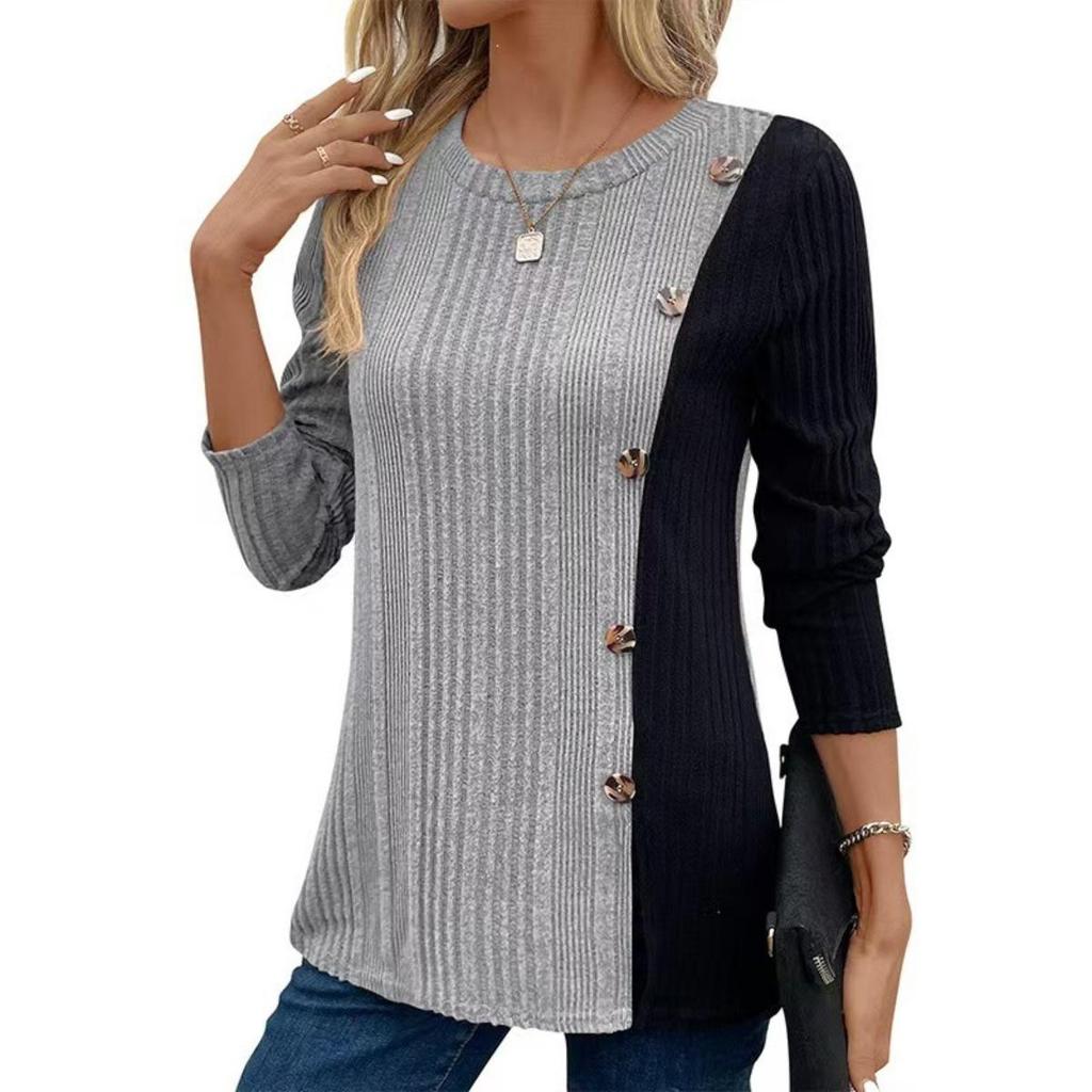 Elegant Plus Size Women Casual Travel Knitwear Top For New Color Block Long Sleeve Top