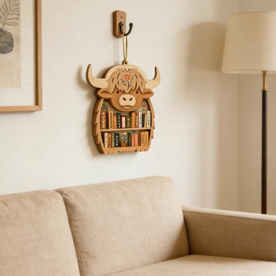 Wooden Bookshelf Ornament Animal Shaped Bookshelf Christmas Ornament Owl/Highland Cow/Elephant Figurine Bookish Gifts for Book Lovers Readers