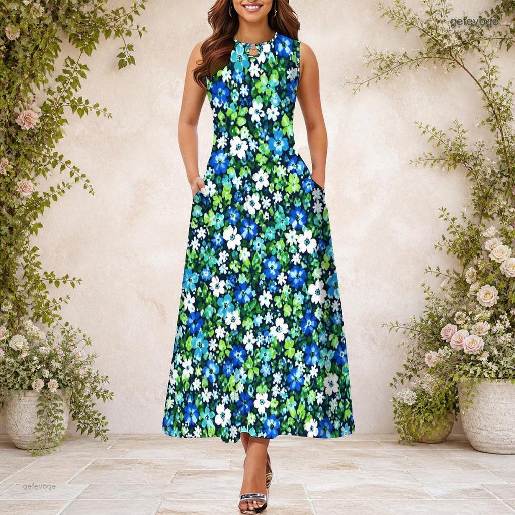 Women Plus Size Keyhole Neck Sleeveless Floral Print A Line White Long Dress