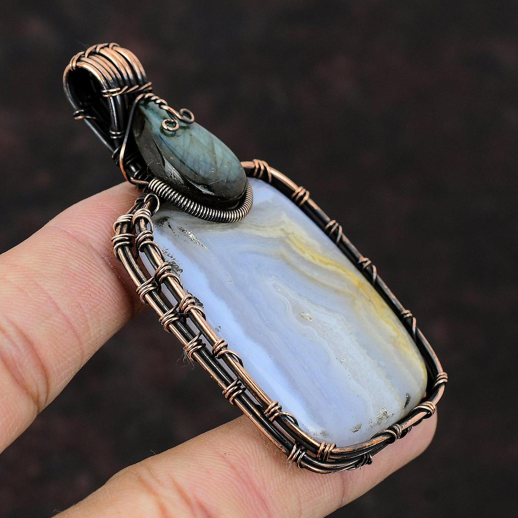 Blue Lace Agate Pendant Labradorite Pendant Copper Wire Wrapped Pendant Handmade Jewelry Gift For Him Gemstone Wire Pendant Wrapped Jewelry