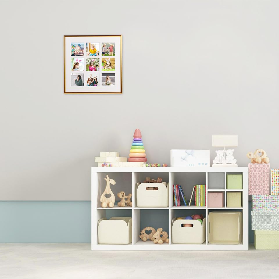 NUOLUX Wall-Mounted Photo Frame, Multi-Faced, Holds 9 Photos, Square, for Interior Decor, Office, Wall-Mounted, or Tabletop Use, Gold