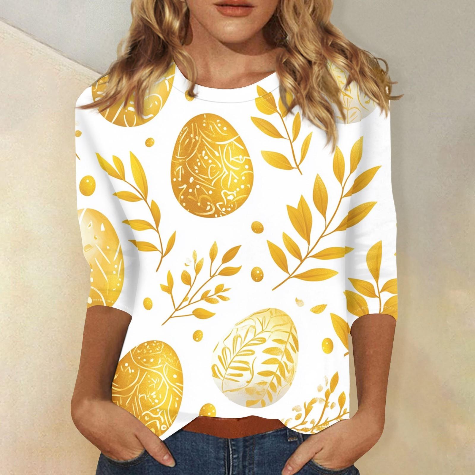 

Футболка женская с рукавом 3/4, повседневный топ с пасхальным принтом, футболка с круглым вырезом XL жёлтый