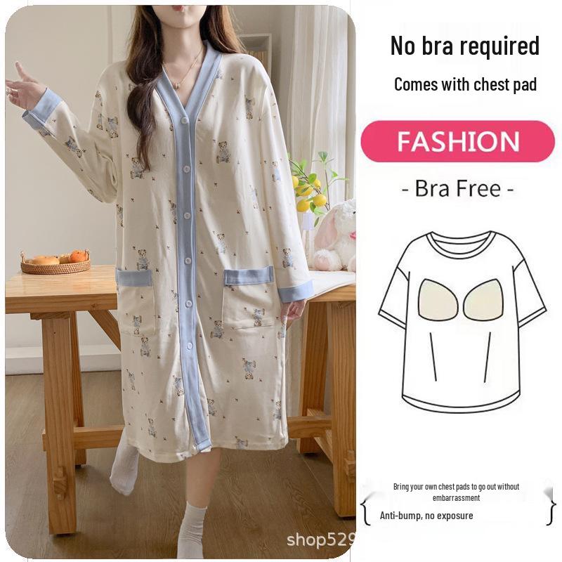 Breathable Maternity Nightgown with Built-in Bra for Labor, Breastfeeding, & Postpartum - Spring & Autumn Style