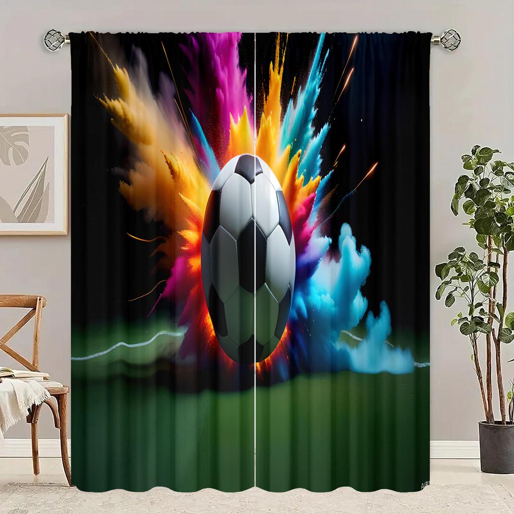 2 Pieces - Football Print Curtain - Polyester Material - Suitable for Bedroom, Living Room, Study, Private Space