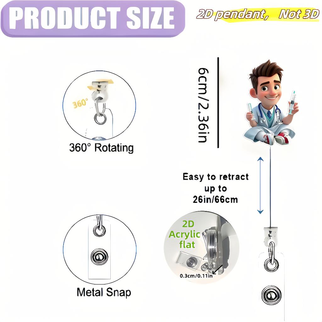 2D Flat Acrylic Syringe Holding Male Nurse Retractable Badge Clip, Medical ID Holder For Medical Students Nurses Workplace Identification