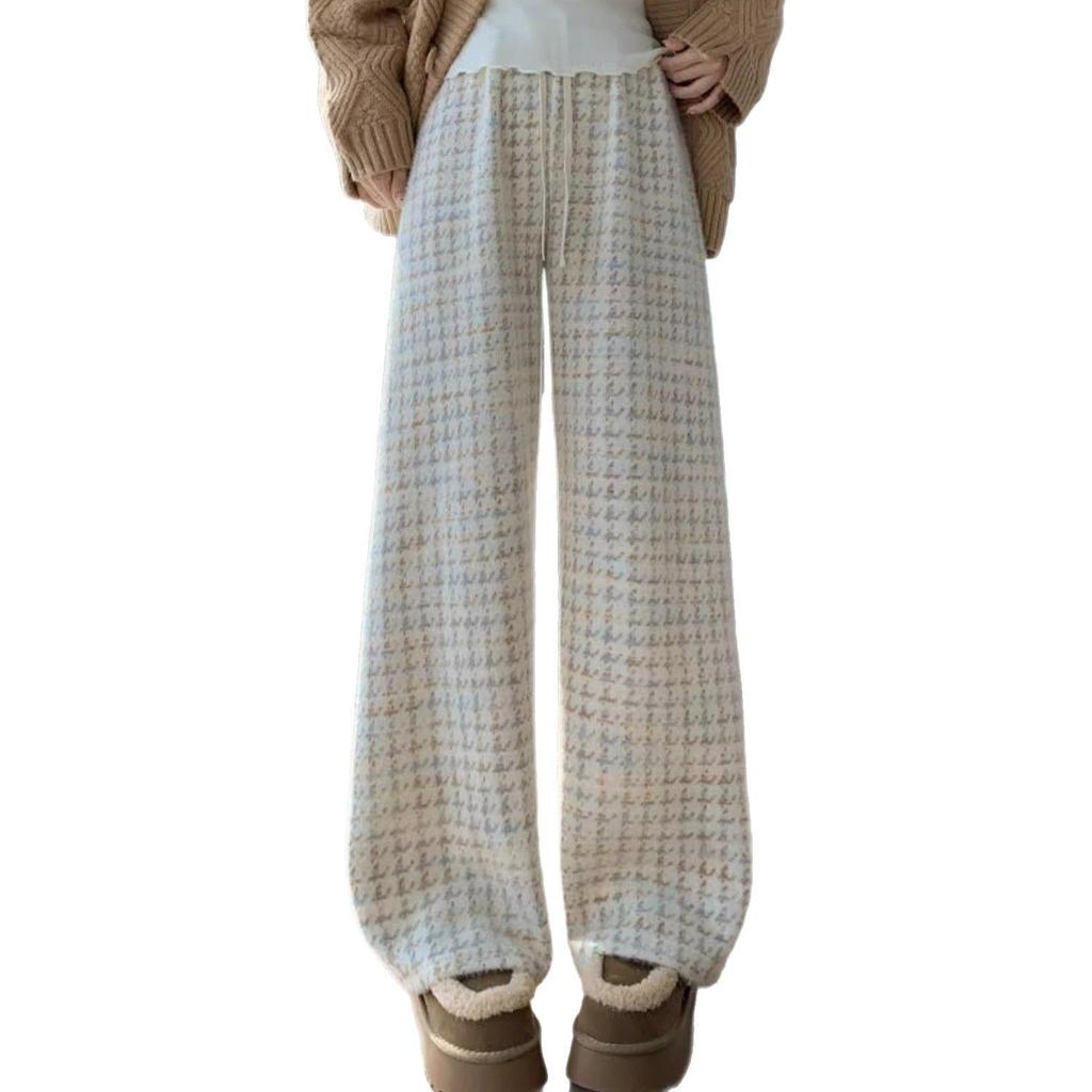Petite Houndstooth Wide-Leg Pants: Women's Autumn Winter High-Waist Slimming Plaid Knit In Mink, Size XS.