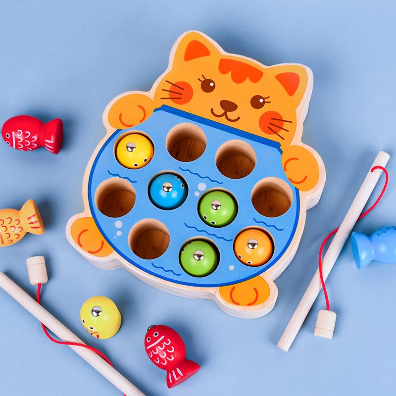 New Kitten Frog Dinosaur Fishing Game Children's Puzzle Early Education Hand-eye Coordination Wooden Toy