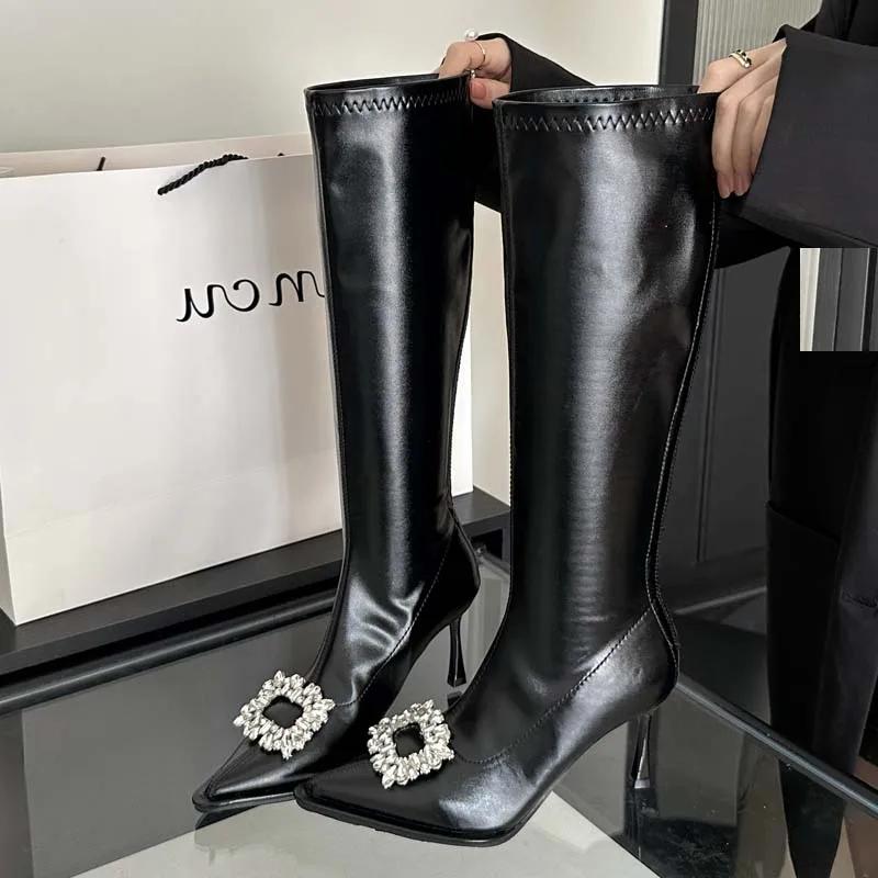 Eilyken Winter Street Style Pointed Toe Woman Knee-High Boots Sexy Crystal Zipper Thin High Heels Long Booties Shoes
