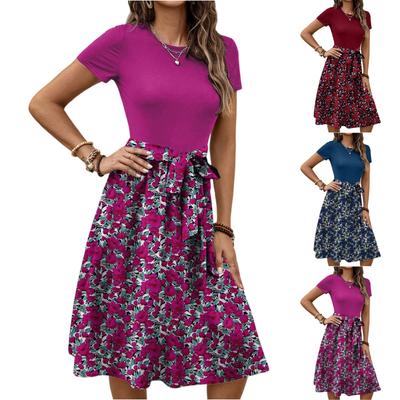 Women's Fashionable Retro Patterned Printing Color Blocked Belt Casual Dress