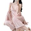 Golden Velvet Women's Camisole, Pants, and Robe Set - Lace Detail, Autumn/Winter Homewear, Suitable for Outdoor Wear.