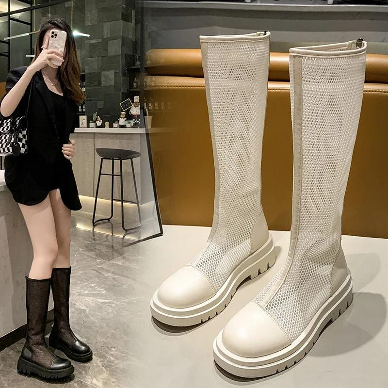 Sandale de damă la modă, cizme de damă, site, vârf rotund, talpă plată, fermoar, cizme de damă, rochie, exterior, modă, concis, respirabil, Zapatillas De Mujer