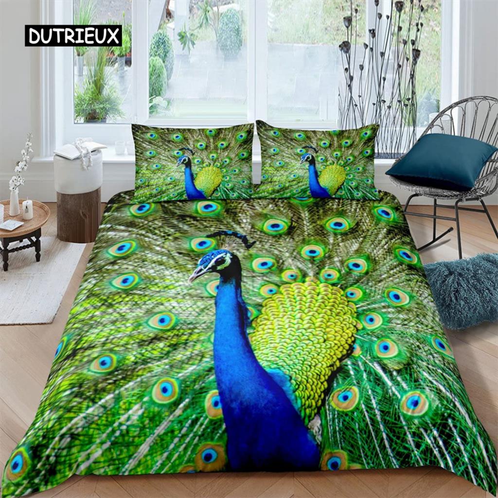 Luxury Pink Peacock Duvet Cover Floral Bedding Set Retro Peacock Feather Theme Comforter Cover for Bedroom