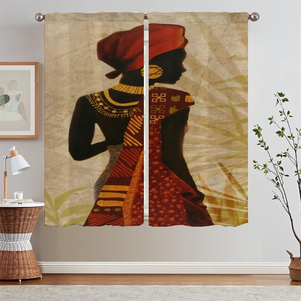 African Woman Painting Curtain Tulle in Kitchen Curtains Bedroom Curtains 2 Pieces Blackout Curtain for Living Room Decoration