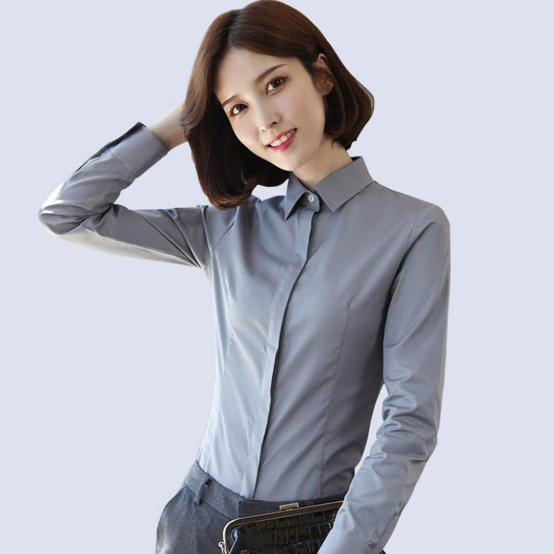 

Женская формальная рубашка из хлопка, однотонная блузка OL, на пуговицах, с длинным рукавом, костюм для офиса, бизнеса, работы, обычного кроя 42 серый