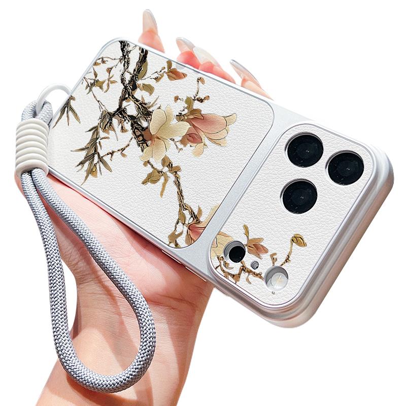 INS Floral Pattern Leather Lanyard Case For iPhone 18 Pro Max Hybrid TPU+PU Anti-skid Soft Cover For iPhone 17 16 15 14 13 Pro Max