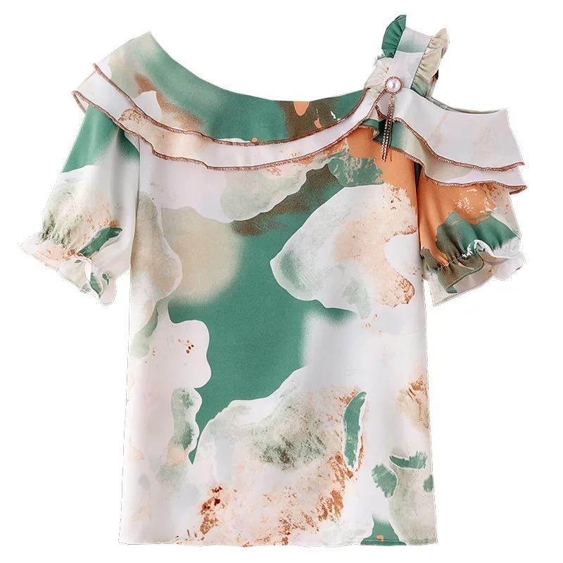 Sommer Neues Koreanisches Stil Chiffon Hemd Kurzärmelige Bluse Bedruckt Mode Locker Blumen Top