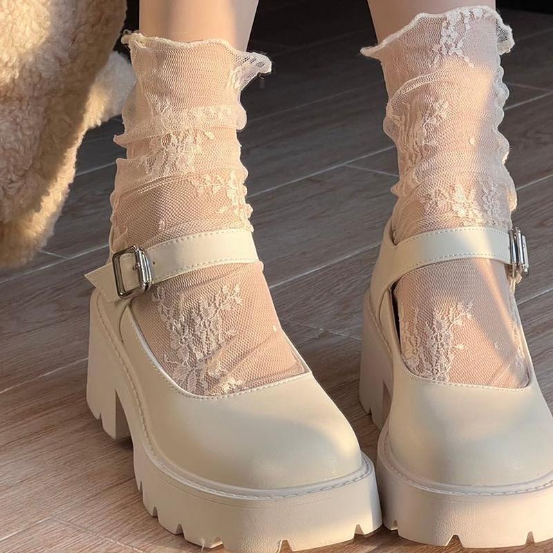 Summer Women Ultra Thin Floral Sexy Transparent Ice Glass Filament Long Tube Korean Lace Medium Tube  Socks Lolita Socks
