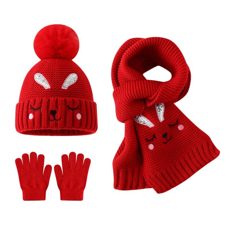 Cute Closed Eye Rabbit Children's Hat, Gloves, Scarf Three Piece Set, Winter Girls' Warm Knitted Hat