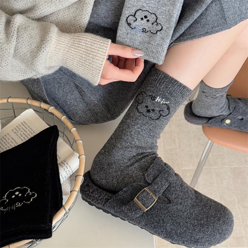 Autumn and Winter Puppy Grey Series Contrasting Color Mid-calf Warm Wool Women's Socks Cartoon Cute School Style Comfortable