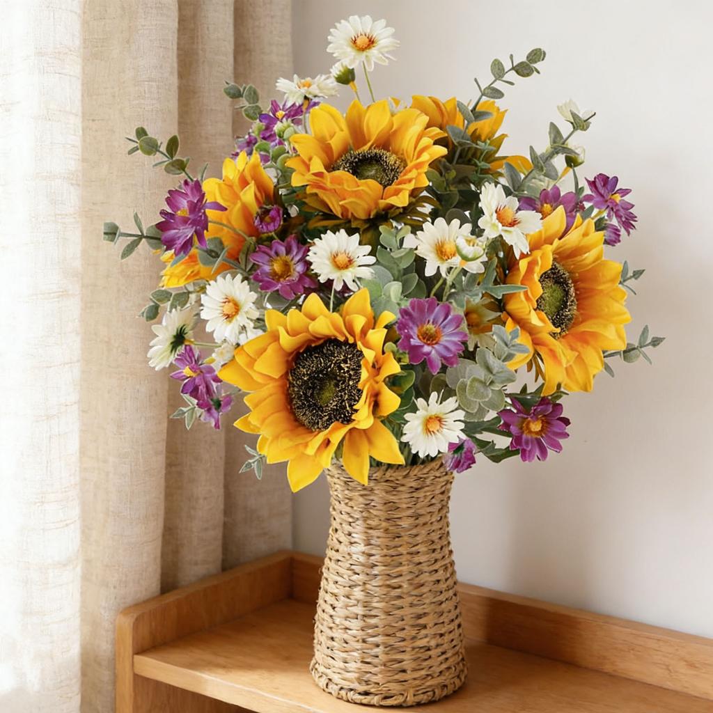 Artificial Flowers Bouquet Silk Floral Arrangements for Home Kitchen Office Table Centerpieces Wedding Party Sunflower